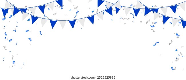 Flag garland and confetti hanging carnival card, banner design, congratulation, anniversary, holiday and birthday. school