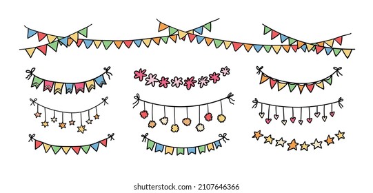 Flag garland doodle decor elements. Bright colorful birthday party bunting festoon, heart garland, star hanging, pom pom garland. Hand drawn doodle vector illustration.