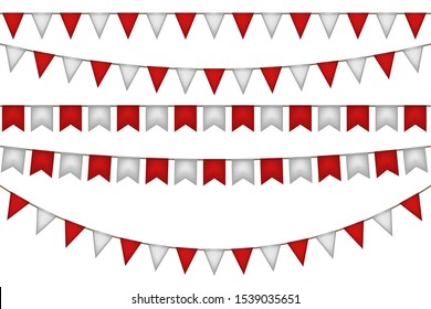 Flag garland for festival. Red and white decoration. Vector illustration.