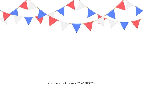 Flag garland. Repeating party bunting pattern. Triangle celebration flags chain. White, blue, red pennants decoration. Vector footer and banner