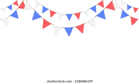 Flag garland. Repeating party bunting pattern. Triangle celebration flags chain. White, blue, red pennants decoration. Vector footer and banner