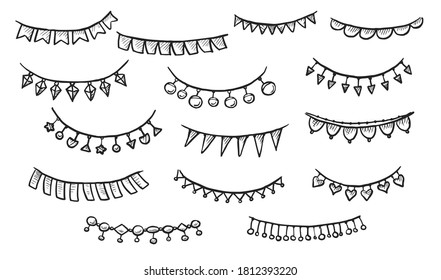 Flag garland sketch. Doodle party flag and holiday decoration lamp, ball, heart on string set isolated on white background. Hand-drawn hanging festive garland decor sketch vector illustration