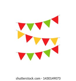 Flag Garland. Vector. Christmas Icon. Festive Carnival Garland. Paper Triangle Flags. Party Symbol Isolated On White Background In Flat Design. Cartoon Colorful Illustration.