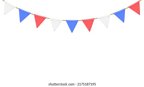 Flag Garland. White, Blue, Red Pennants Chain. Party Bunting Decoration. Triangle Celebration Flags For Garden Decor. Vector Footer And Banner 