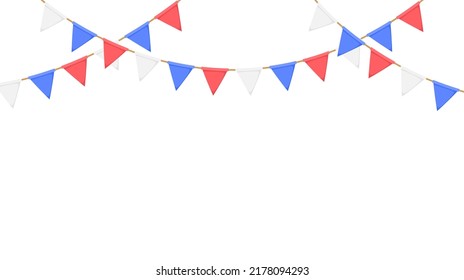 Flag garland. White, blue, red pennants chain. Party bunting decoration. Triangle celebration flags for party decor. Vector