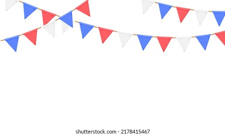 Marisma de bandera. Cadena blanca, azul, roja. Decoración de fiesta. Banderas de celebración triangular para la decoración del evento. Vector