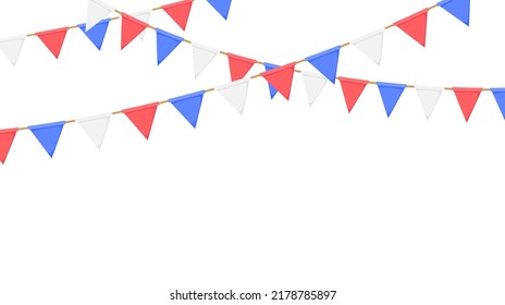 Marisma de bandera. Cadena blanca, azul, roja. Decoración de fiesta. Banderas de celebración triangular para la decoración del evento. Vector