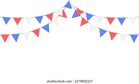 Flag garland. White, blue, red pennants chains. Party bunting decoration. Triangle celebration flags for party decor. Vector