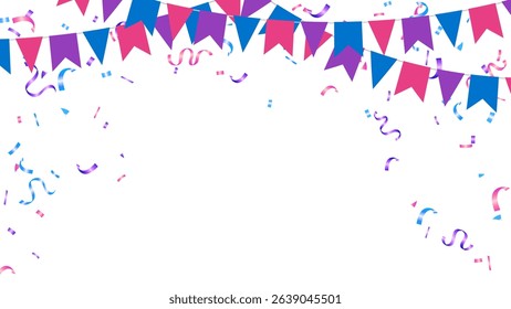 Flag garlands and falling confetti isolated ornament background frame for pride month, birthday, party, festival