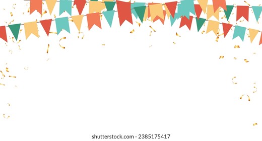 Flag garlands and falling confetti retro isolated ornament background for birthday, party, festival, congratulation