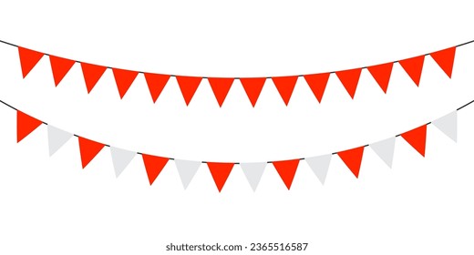 Flag garlands. Festive bunting. Triangle banners. Birthday decoration. Background decor for celebration. Red, white color. Vector isolated sign.