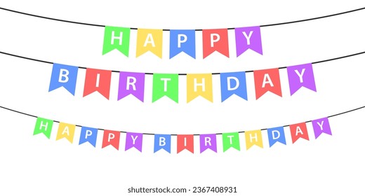 Flag garlands. Festive bunting. Triangle banners. Birthday decoration. Happy birthday text. Background decor for celebration. Colorful, flat color. Vector isolated sign.
