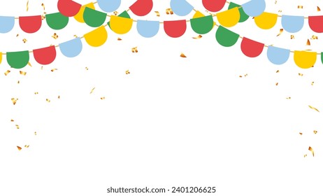 Flag garlands and gold confetti decoretion background for birthday, party, festival and holiday, anniversary