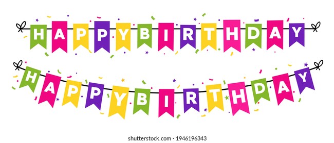 Flag garlands with Happy Birthday text Vector illustration. Bunting flags with happy birthday letter