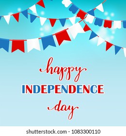 Flag garlands and lettering text in National American Colors for Independence Day of USA. Vector illustration