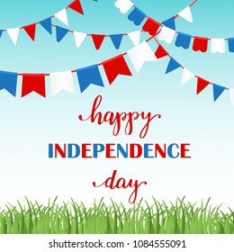 Flag garlandson a sky background and green grass, lettering text in National American Colors for Independence Day of USA. Vector illustration