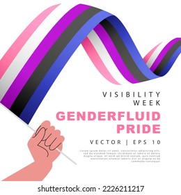The flag of genderfluidic pride in the hand of a man. Sexual identification. A colorful logo of one of the LGBT flags. Vector illustration on a white background.
