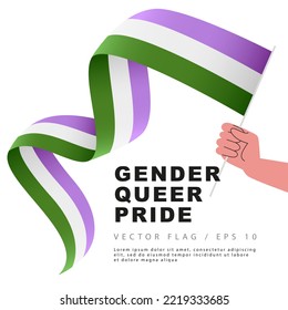La bandera del orgullo de género está en manos de un hombre. Identificación sexual. Un colorido logo de una de las banderas LGBT. Ilustración vectorial.