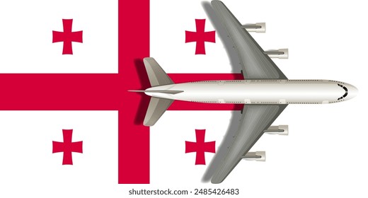 Bandera de Georgia con un avión volando sobre ella de cerca. Vector Imagen.