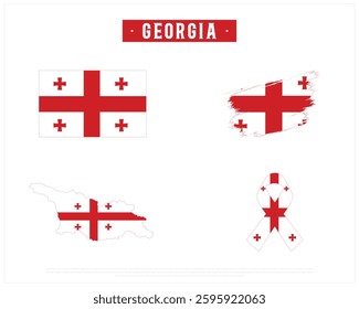 Flag of GEORGIA, Brush style flag, Ribbon flag of GEORGIA, and Map of GEORGIA with flag in it on a white background, Independence Day, Georgia representative elements