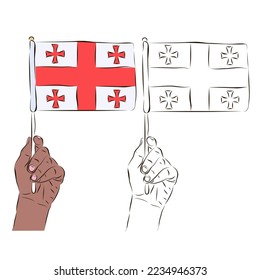 The flag of Georgia is in the hand of a man in color and black and white. The concept of patriotism.