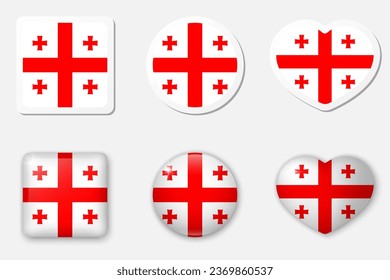 Flag of Georgia icons collection. Flat stickers and 3d realistic glass vector elements on white background with shadow underneath.