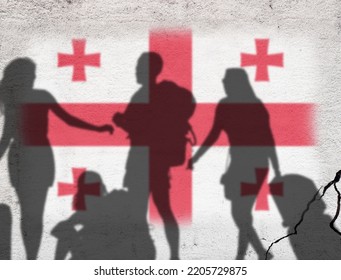 Flag of Georgia on the wall. Silhouette of people with luggage passing through. Concept illustration.