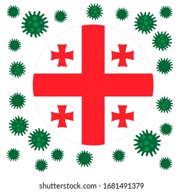 Flag of Georgia with outbreak deadly coronavirus covid-19. Banner with the spread of Coronavirus 2019-nCoV virus strain. A large coronavirus bacteriums against background of the national flag Georgia