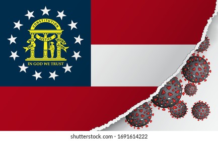 Flag of Georgia state with outbreak viruses deadly coronavirus COVID-19. Banner with the spread of Coronavirus against background of the national flag. USA Lockdown. Concept of quarantine.Stay at home