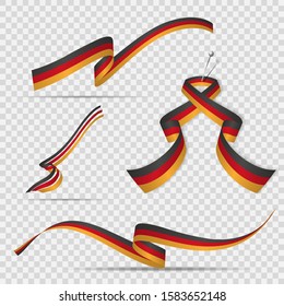 Flag of Germany. 3rd of October. Set of realistic wavy ribbons in colors of german flag on transparent background. Independence day. National symbol. Graphic design template. Vector illustration.