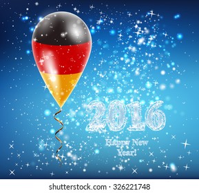 Flag of Germany in a balloon. The celebration and gifts on Happy New Year. Merry Christmas. The sky sparkles with stars and snowflakes. Image. Vector. Icon.