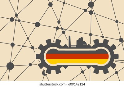 Flag of the Germany build in gear. Heavy industry relative image. Molecule And Communication Background. Vector brochure or report design template. Connected lines with dots.