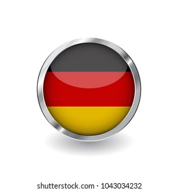 Flag of germany, button with metal frame and shadow. germany flag vector icon, badge with glossy effect and metallic border. Realistic vector illustration on white background.