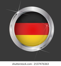 Flag of Germany in circle. 3D effect. Glossy and shiny button with metal frame and sparkles. Light reflection. Round Graphic design element. Isolated on gray background. Vector image EPS 10. 