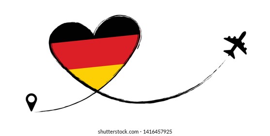 Flag Germany, Deutschland. Heart, love romantic travel. Symbol of  airplane, air plane, aircraft, aeroplane, flying, fly jet airline. Line path. Vector location pointer route. Travel. German flag