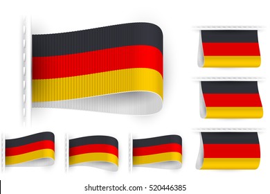 Flag of Germany is embroidered on the textile tag and sewn with a thread stitch; Set of vector realistic icons of flag of Deutschland from a fabric loop