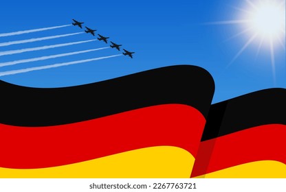 Flag of Germany and a fighter plane formation flying in the sky. 3th October Independence day Germany. Military aviation in the blue sky. Vector illustration