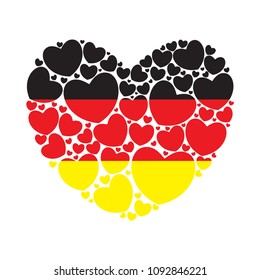 Flag of Germany in a heart shape filled with little hearts. German flag. Vector illustration.