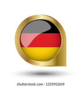 Flag of Germany, location map pin, pointer flag, button with the reflection of light and shadow, gold frame, Icon country. Realistic vector illustration on white background.