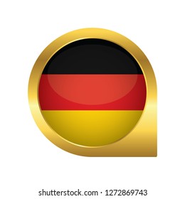 Flag of Germany, location map pin, pointer flag, button with the reflection of light and shadow, gold frame, Icon country. Realistic vector illustration on white background.