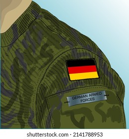 Flag of Germany on soldier arm. German army.