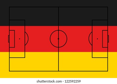 The flag of Germany with the outline of a football pitch on it
