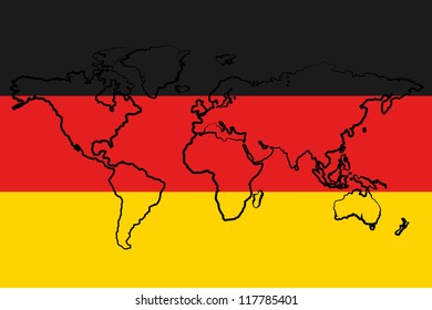 The flag of Germany with the outline of the world