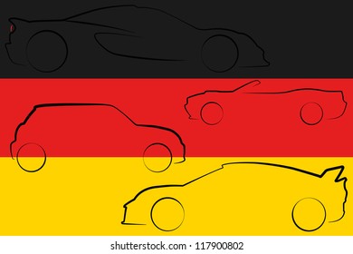 The flag of Germany with the outlines of many cars of different types