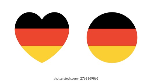 Flag of Germany round, heart shaped button, sticker, icon set. National flag of Germany badge, banner, background in circle, heart shape.