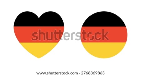 Flag of Germany round, heart shaped button, sticker, icon set. National flag of Germany badge, banner, background in circle, heart shape.