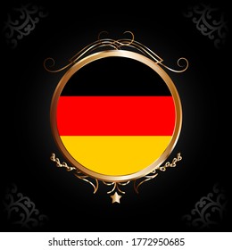 Flag of Germany round icon with gold Circle Frame, badge or button. German national symbol. Vector illustration.