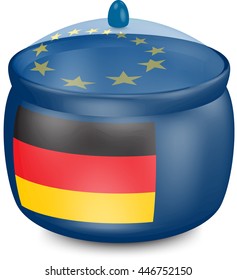 Flag of Germany. Saucepan with a translucent cover. The symbol of the European Union. 3D illustration isolated on white background.