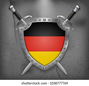 Flag of Germany. The Shield with National Flag. Two Crossed Swords. Vector Medieval Background