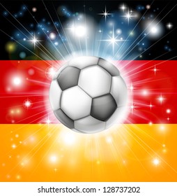 Flag of Germany soccer background with pyrotechnic or light burst and soccer football ball in the centre